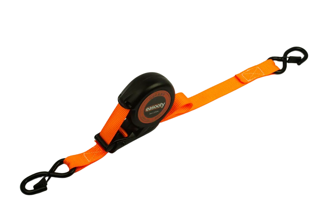 Auto-retract tie down in orange with the webbing extended from the spool