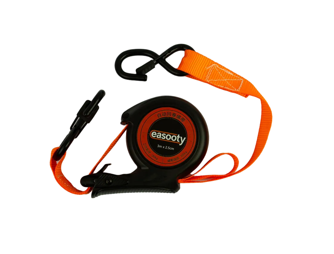 Auto-retract tie down in orange, second angle showing the mounting bracket