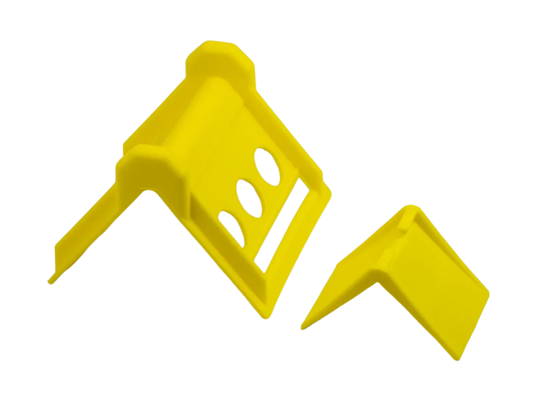 Two yellow ABS corner protectors side by side — a 1 inch and a 2 inch model