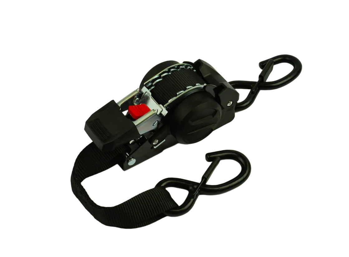 Self-retracting ratchet strap in black with the webbing extended from the housing