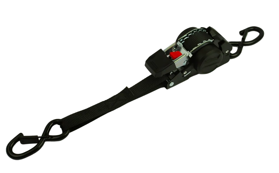 Self-retracting ratchet strap in black, full strap extended